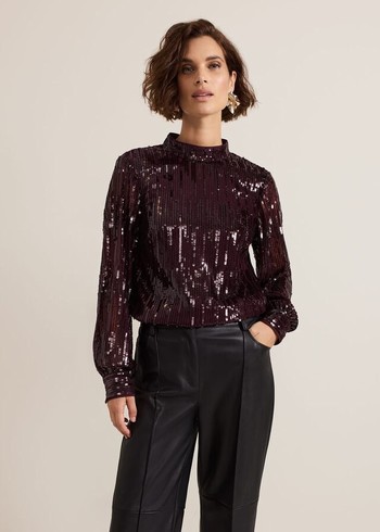 Phase Eight Hannah High Neck Sequin Shirts Burgundy Canada | LGFJMB-628